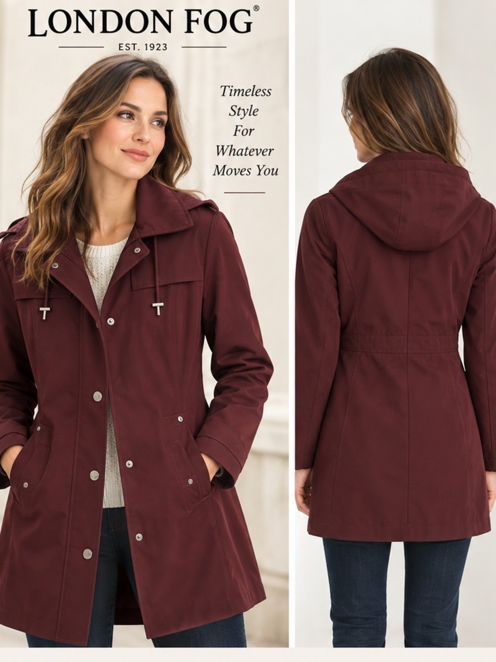 London Fog Women's Burgundy Trench Coat with Hood